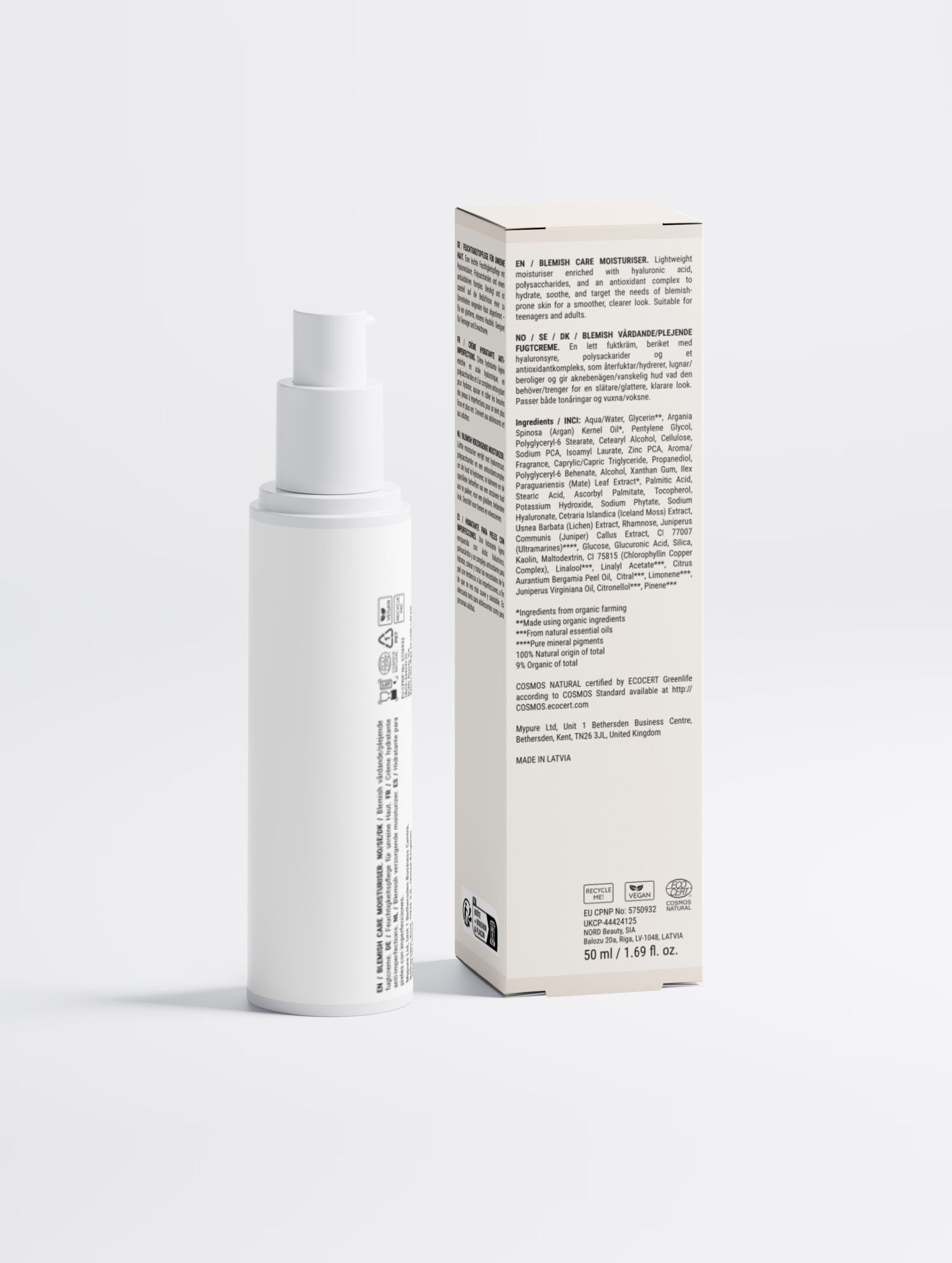 Acne Care Moisturiser - back die Rückseite des Acne Care Moisturiser (Creme) von simplythree inkl. Verpackung