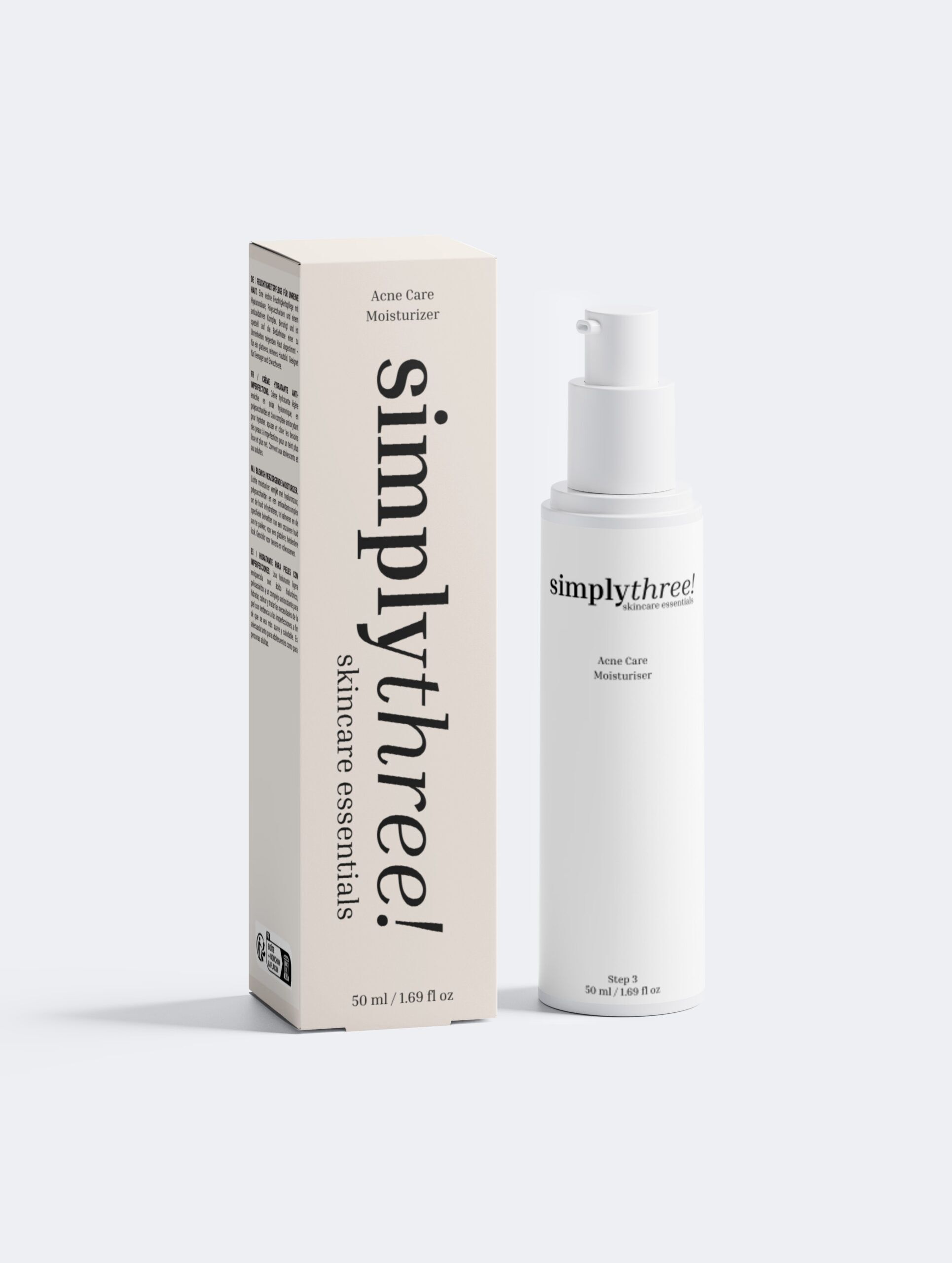 Acne Care Moisturiser - front die Vorderseite des Acne Care Moisturiser (Creme) von simplythree inkl. Verpackung